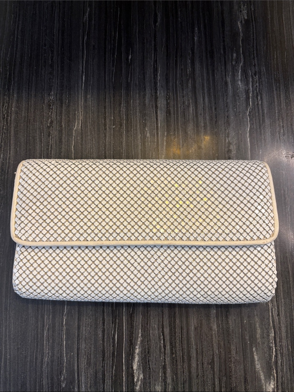 Whiting & Davis vintage white mesh clutch attached strap